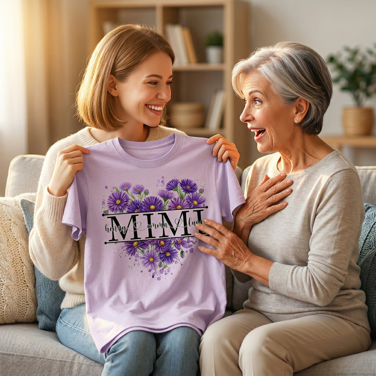 Floral Heart Custom Birth Flower Mimi Shirt Mother's Day Gift For Her - Personalized Shirt