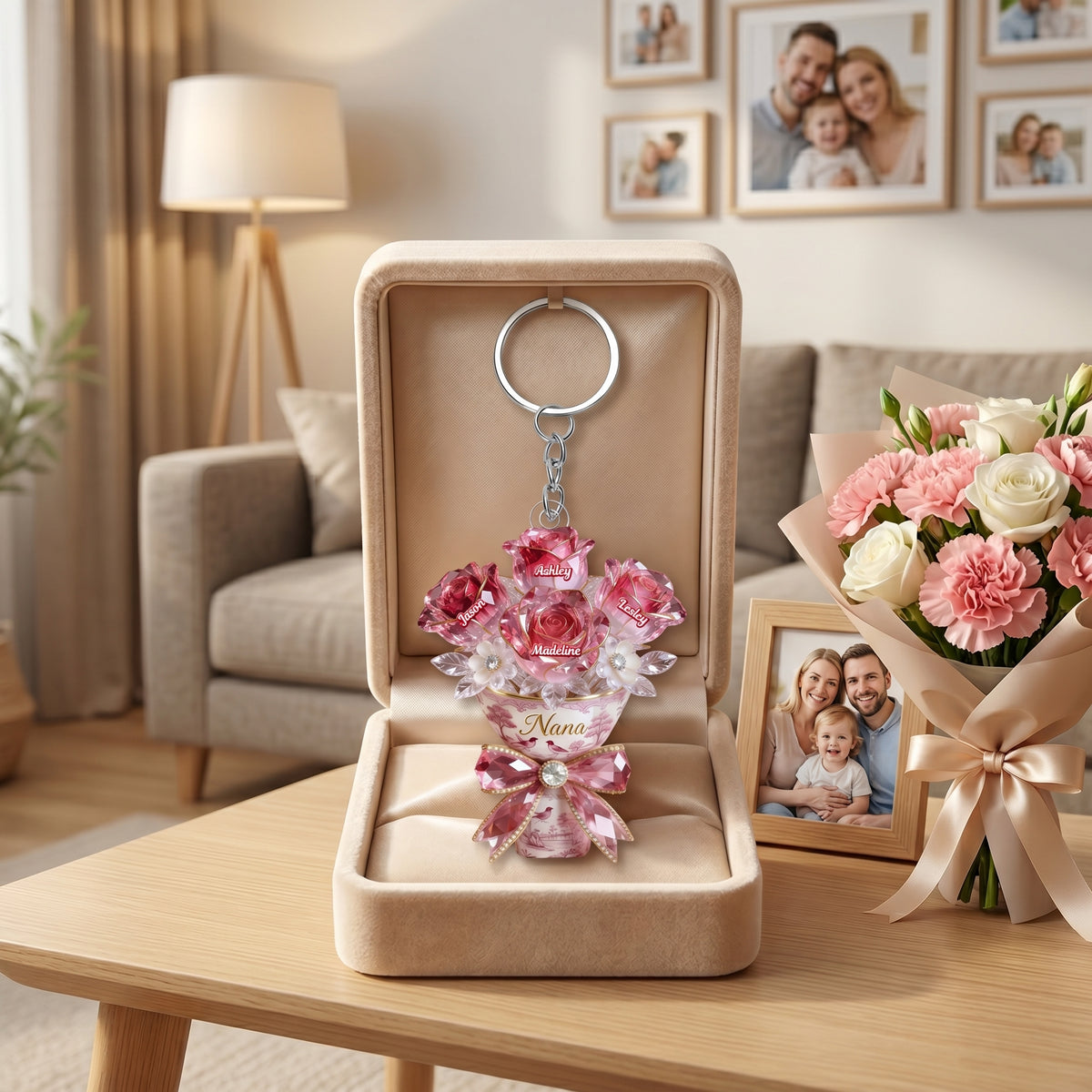 Personalized Flower Bouquet Acrylic Keychain - Gift For Mom