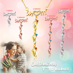 Mother's Necklace With Small Custom Name & Birthstone Baby Foot Charms