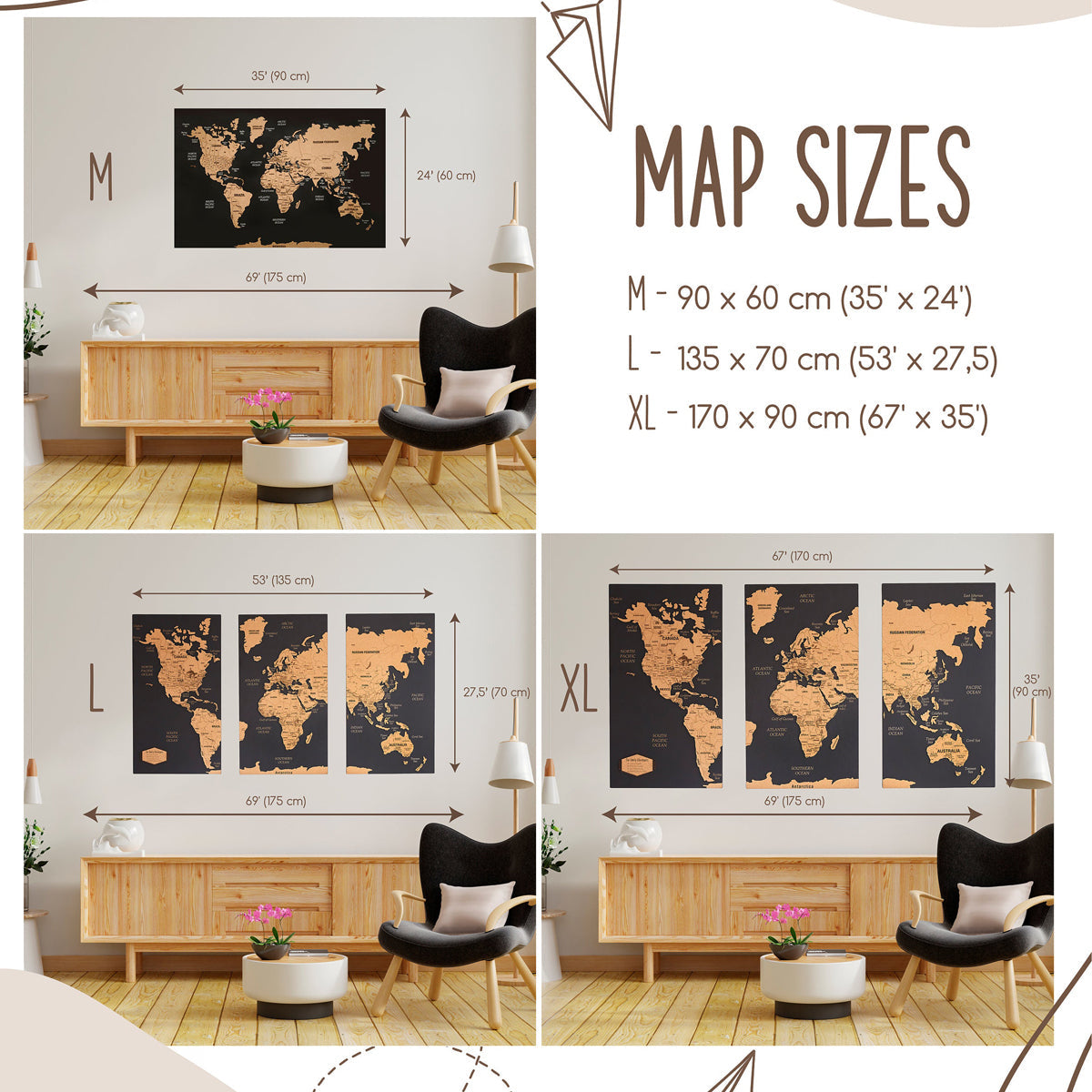 World Map Wall Art Push Pin Map, Cork Board Wooden Travel Map Wall Decor