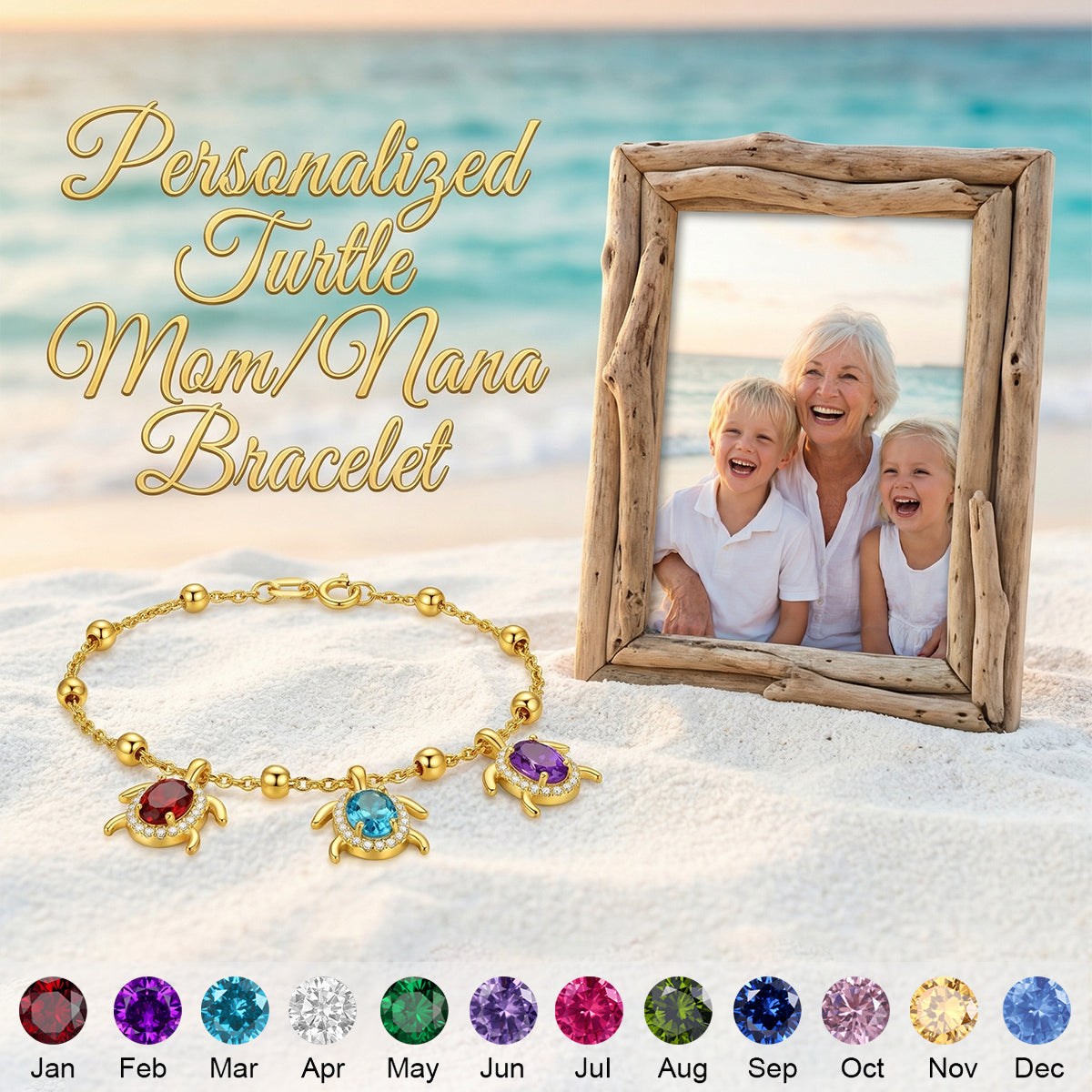 Personalized Sea Turtle Birthstones Bracelet - Gift For Mom,Grandma