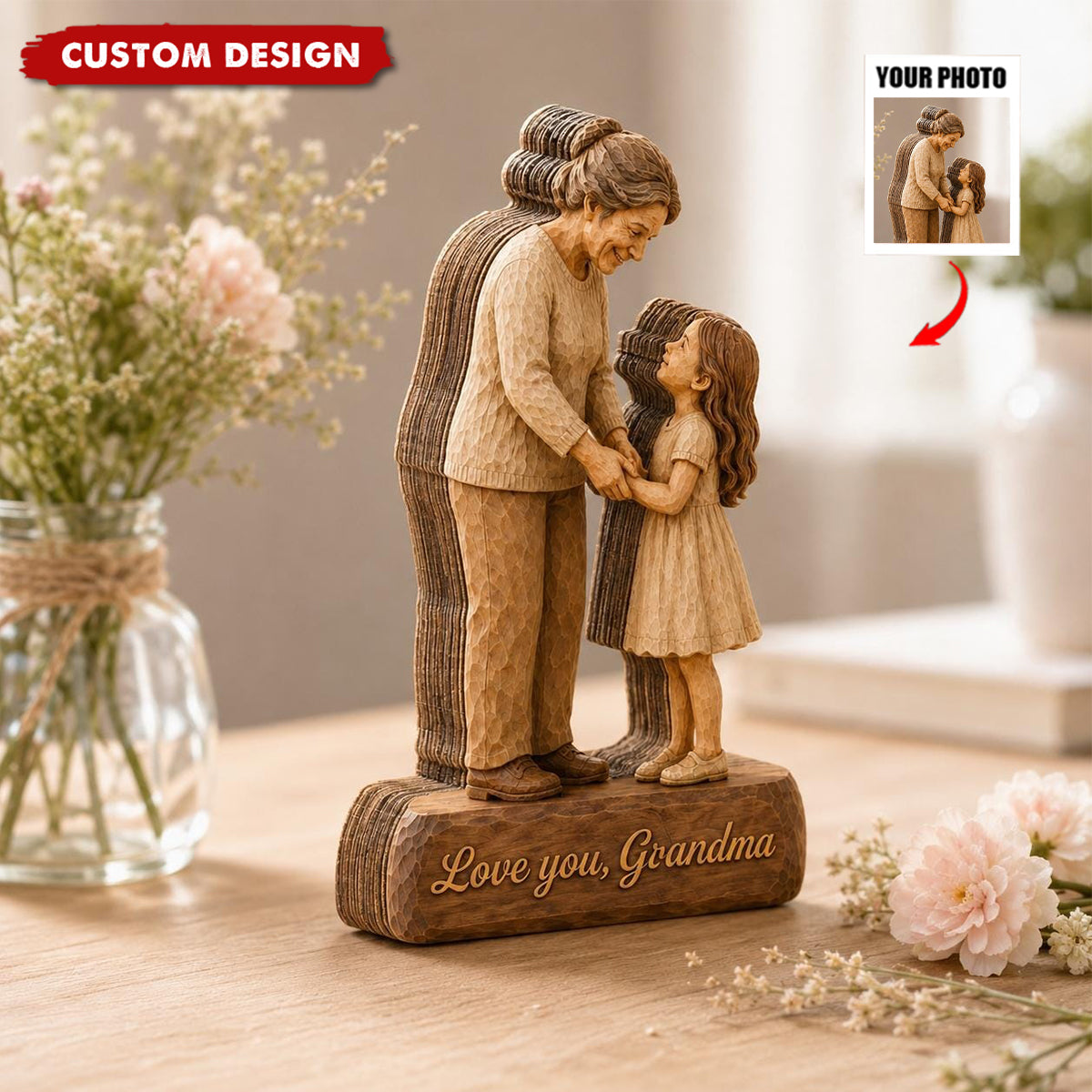 Personalized Portrait 2D Wooden Sign - Gift For Couple,Family,Grandma,Mom,Kid,Dog Cat Lovers