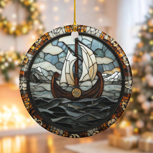 Round Viking Ship Ceramic Ornament
