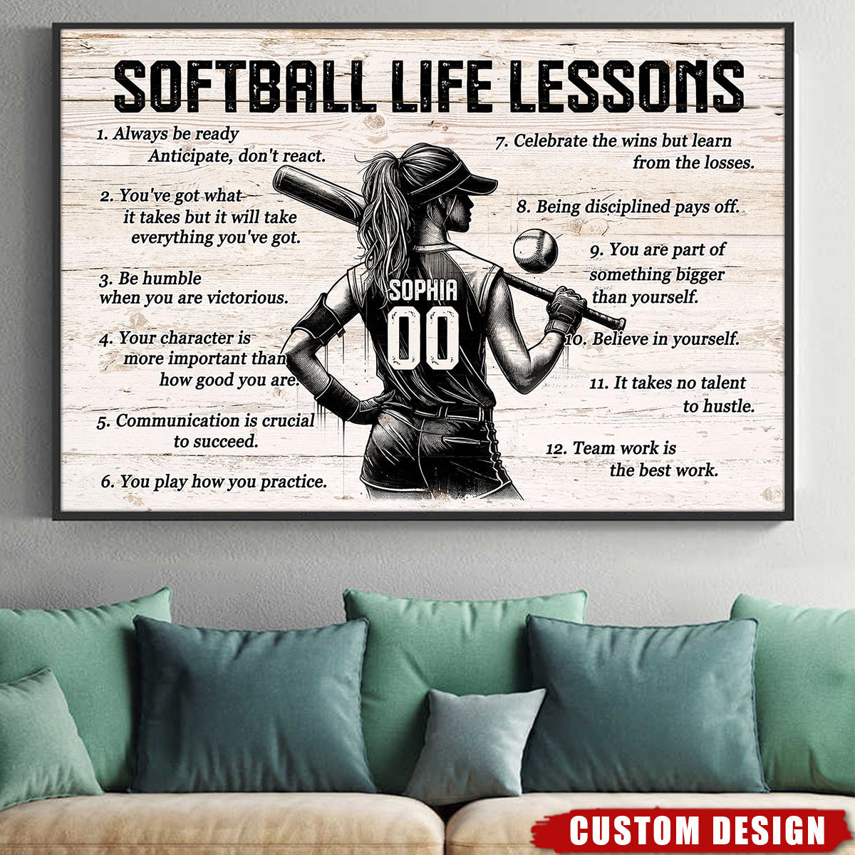 Softball Life Lessons Personalized Poster, Custom Softball Poster Print, Motivational Softball Gift for Girls, Women, Softball Players