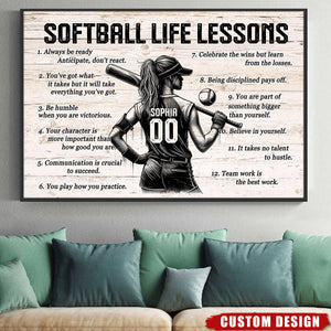 Softball Life Lessons Personalized Poster, Custom Softball Poster Print, Motivational Softball Gift for Girls, Women, Softball Players