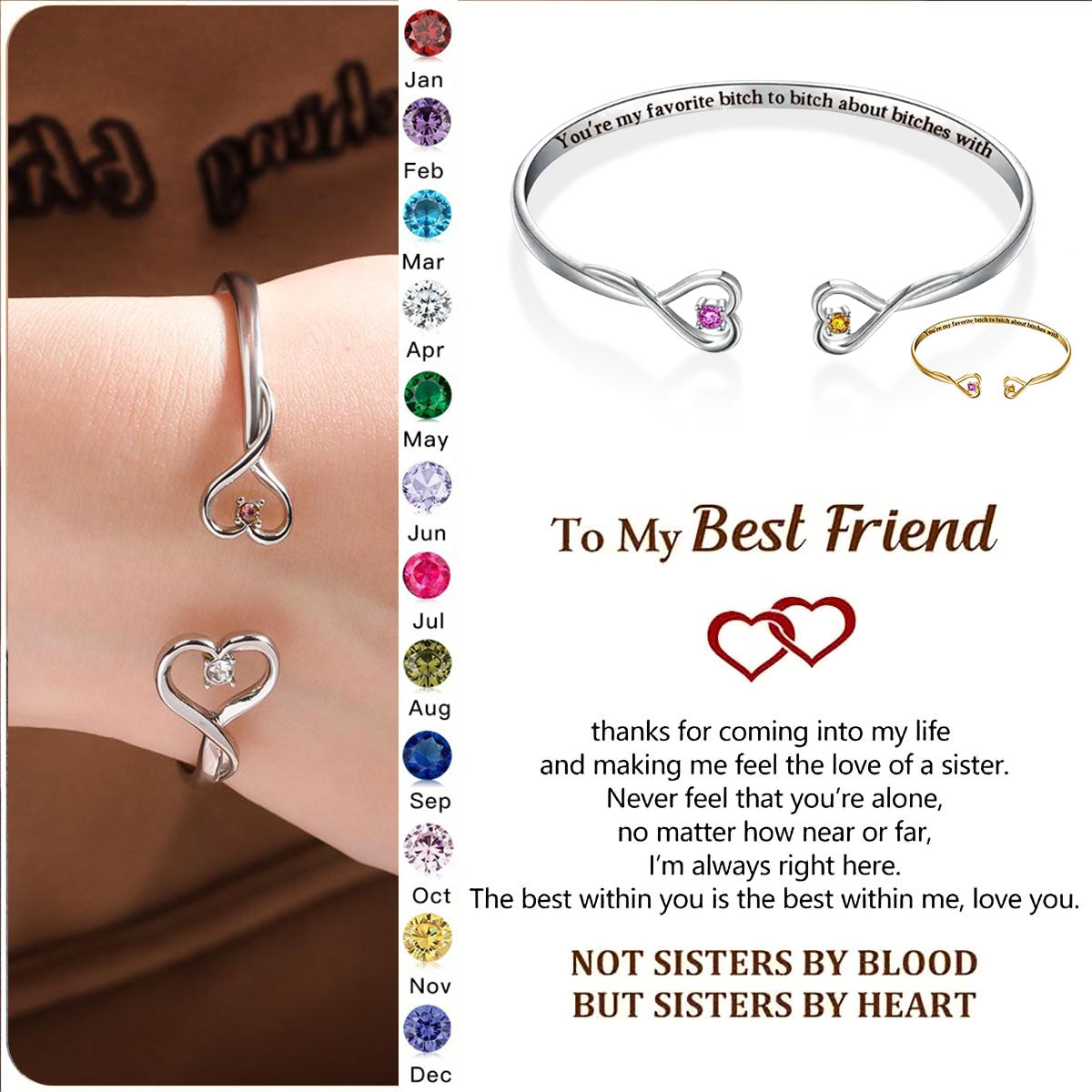 For Friend - You're My Favorite B*tch Double Hearts Custom Birthstones Bracelet