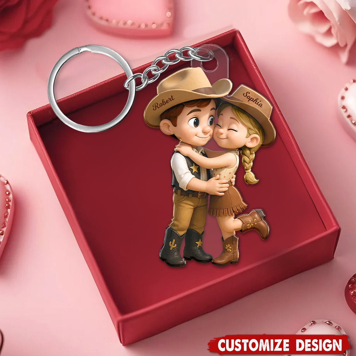 Cartoon Style Countryside Couple Cowboy Cowgirl Personalized Keychain