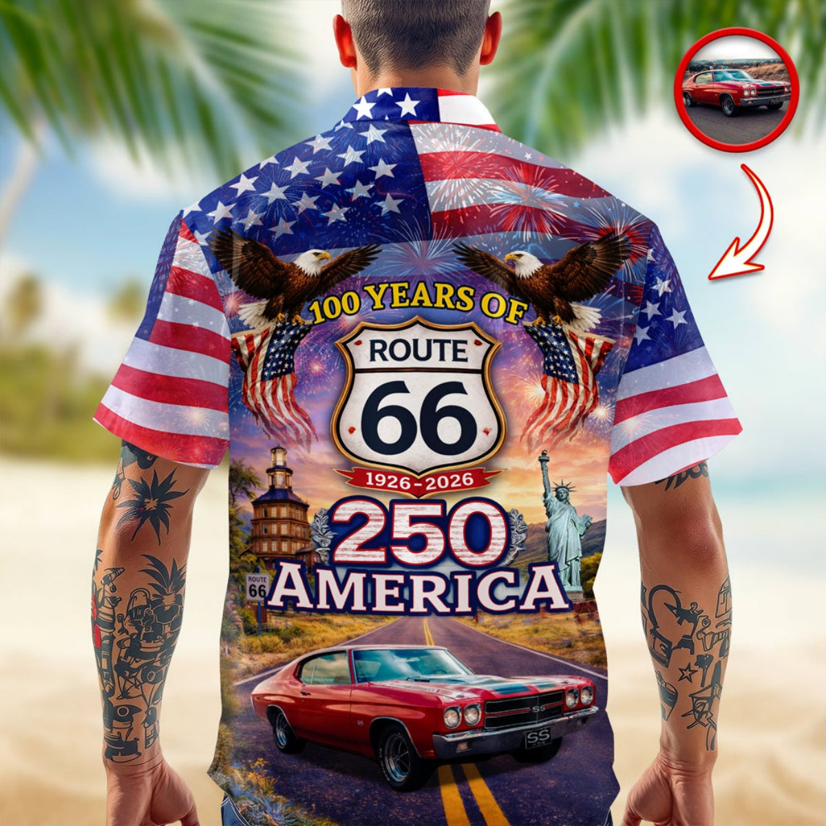 Celebrate 100 Years of Road Route 66 and America 250th Anniversary Custom Car Photo Hawaiian Shirt