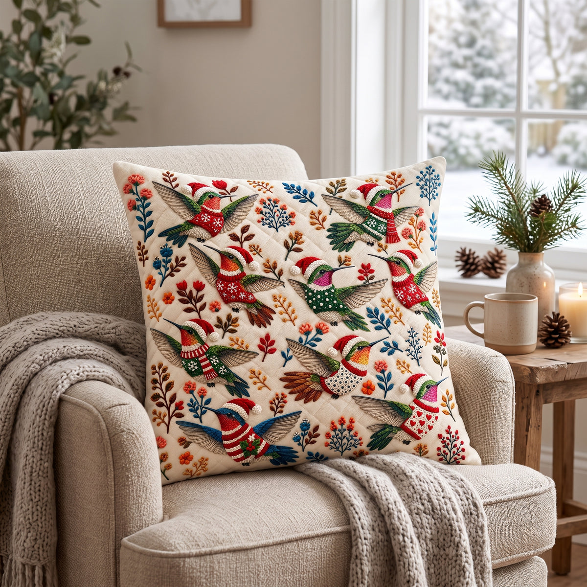 Hummingbird Christmas Pillow,Christmas Bird Decor, Hummingbird Lover Gift