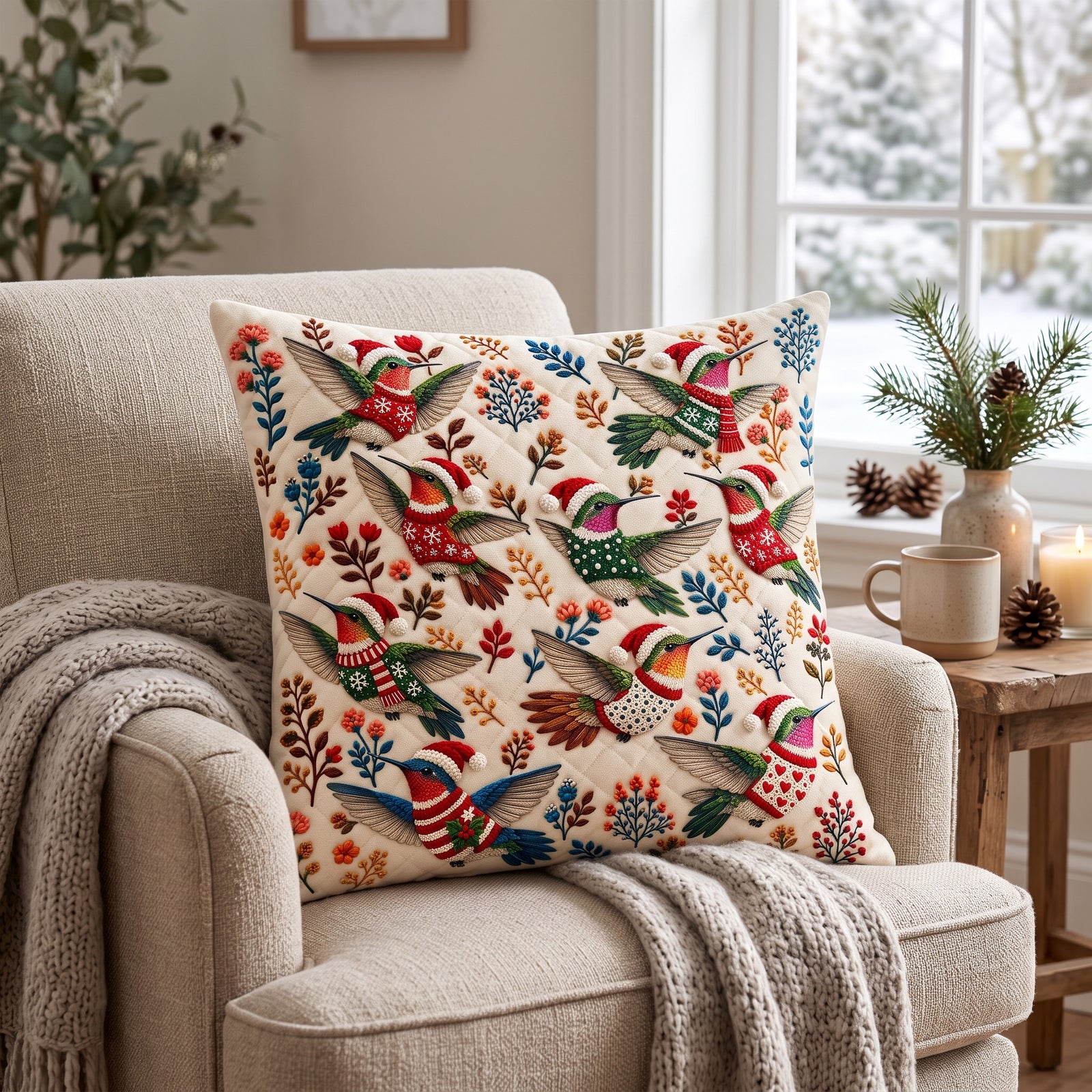 Hummingbird Christmas Pillow,Christmas Bird Decor, Hummingbird Lover Gift
