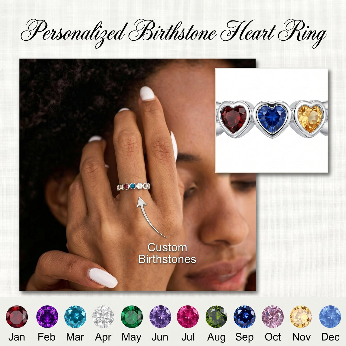 Personalized Birthstone Heart Ring - Mother's Day & Anniversary Gift