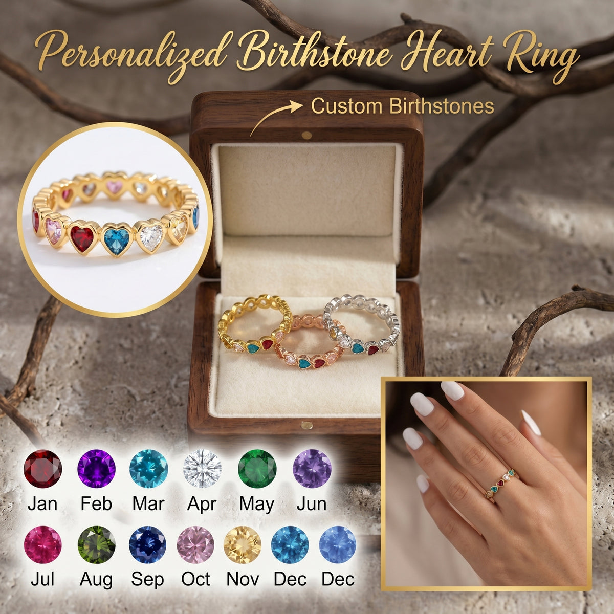 Personalized Birthstone Heart Ring - Mother's Day & Anniversary Gift