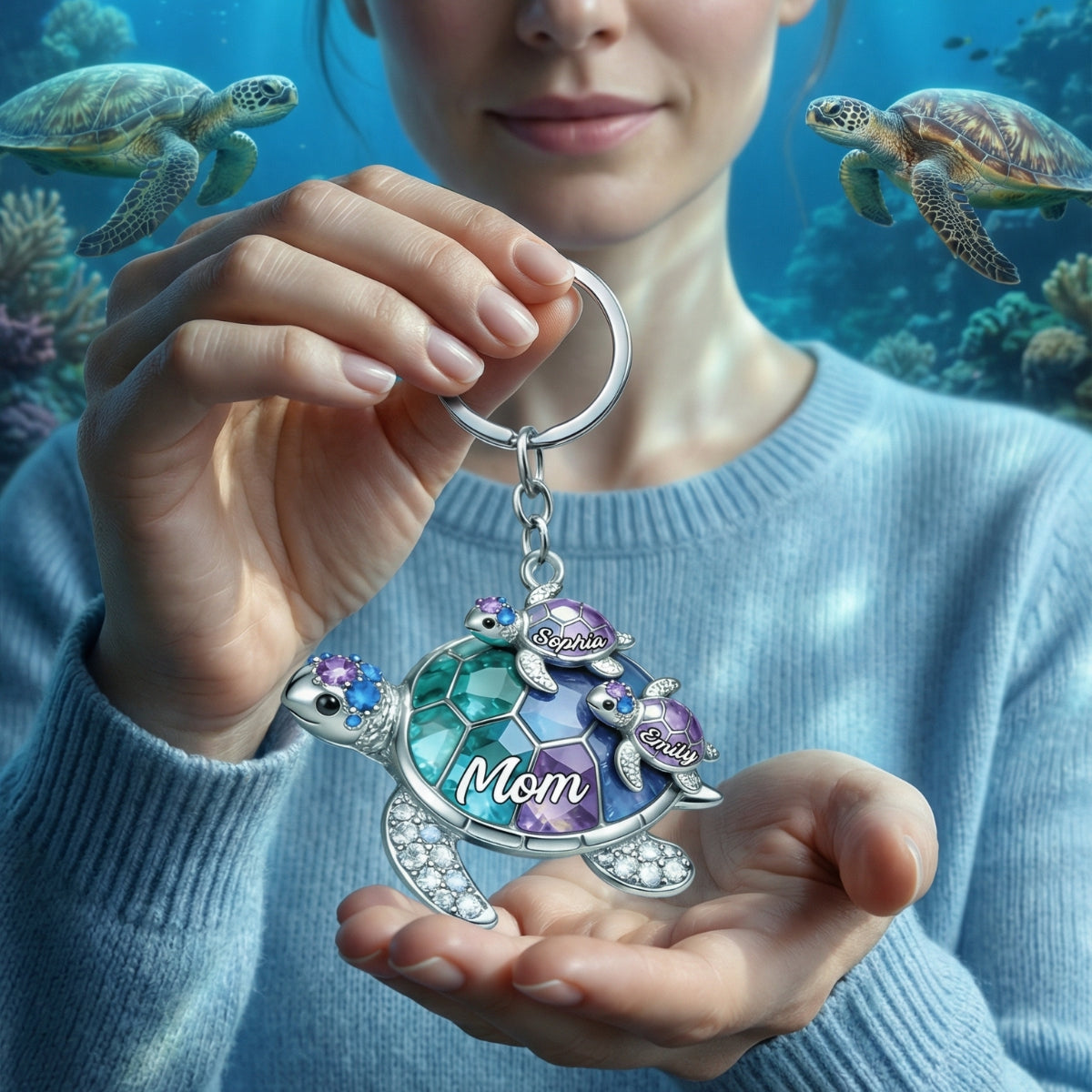 Personalized Grandma/Mom shaped Turtle Keychain - Gift For Mom and Grandma