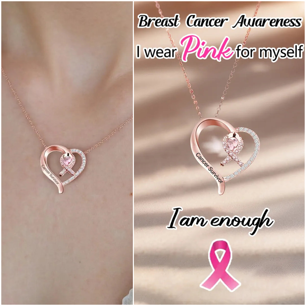 Breast Cancer Awareness-Survivor Pink Ribbon Rhinestone Necklace