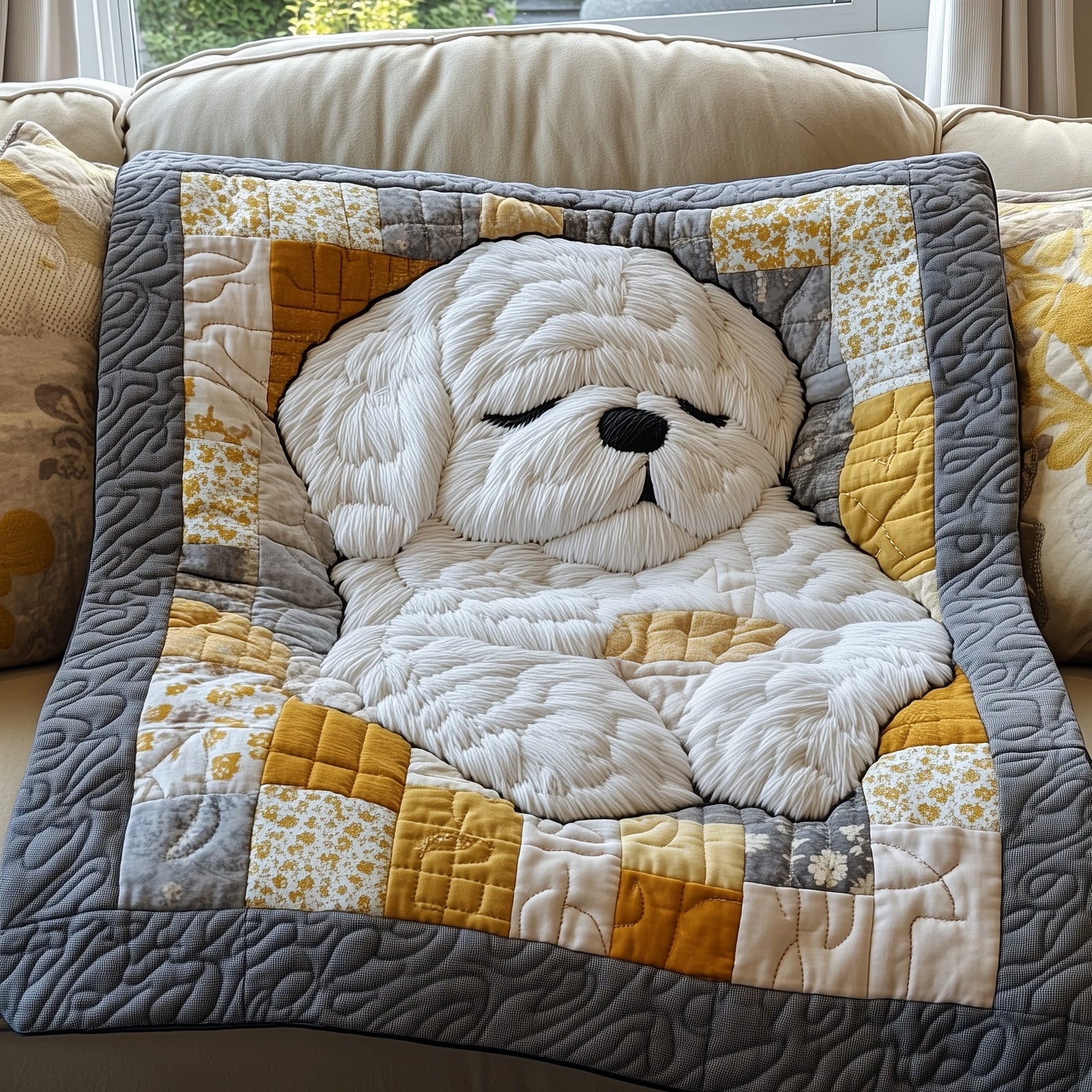 Fluffy Maltese Bichon Quilted Blanket