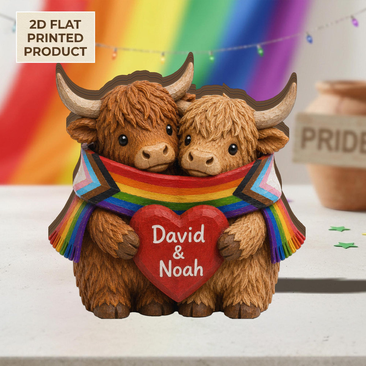 Personalized Rainbow Cow Wooden Plaque, LGBT‑Themed Keepsake Gift for Couples,Lesbia Gay Gift
