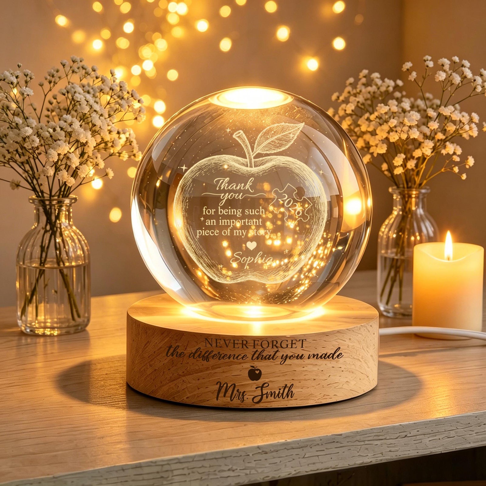 Personalized Teacher Appreciation Crystal Ball Night Light - End of Year Teacher Gift