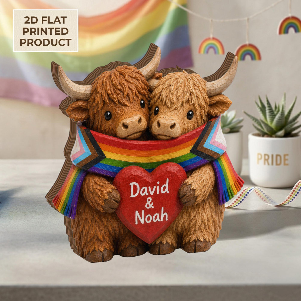 Personalized Rainbow Cow Wooden Plaque, LGBT‑Themed Keepsake Gift for Couples,Lesbia Gay Gift