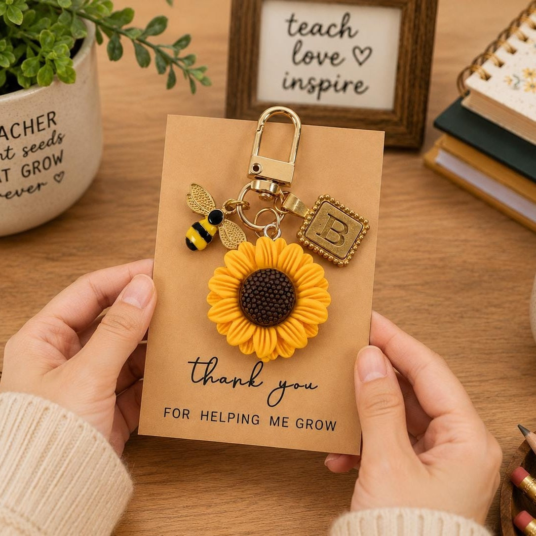 Personalized Sunflower Bee Keychain - Teacher Gift