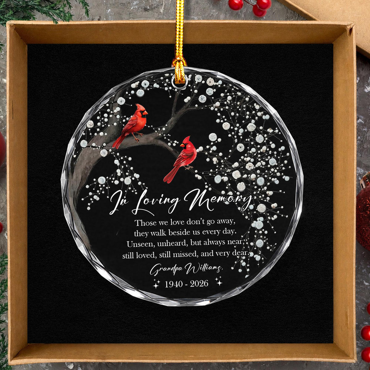 Personalized Memorial Glass Ornament, Cardinal In Loving Memory Keepsake
