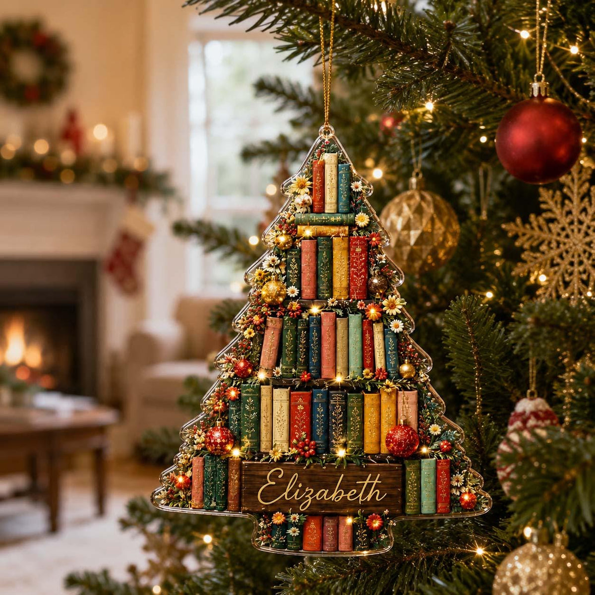 Personalized Book Tree Christmas Ornament - Book Lover Gift
