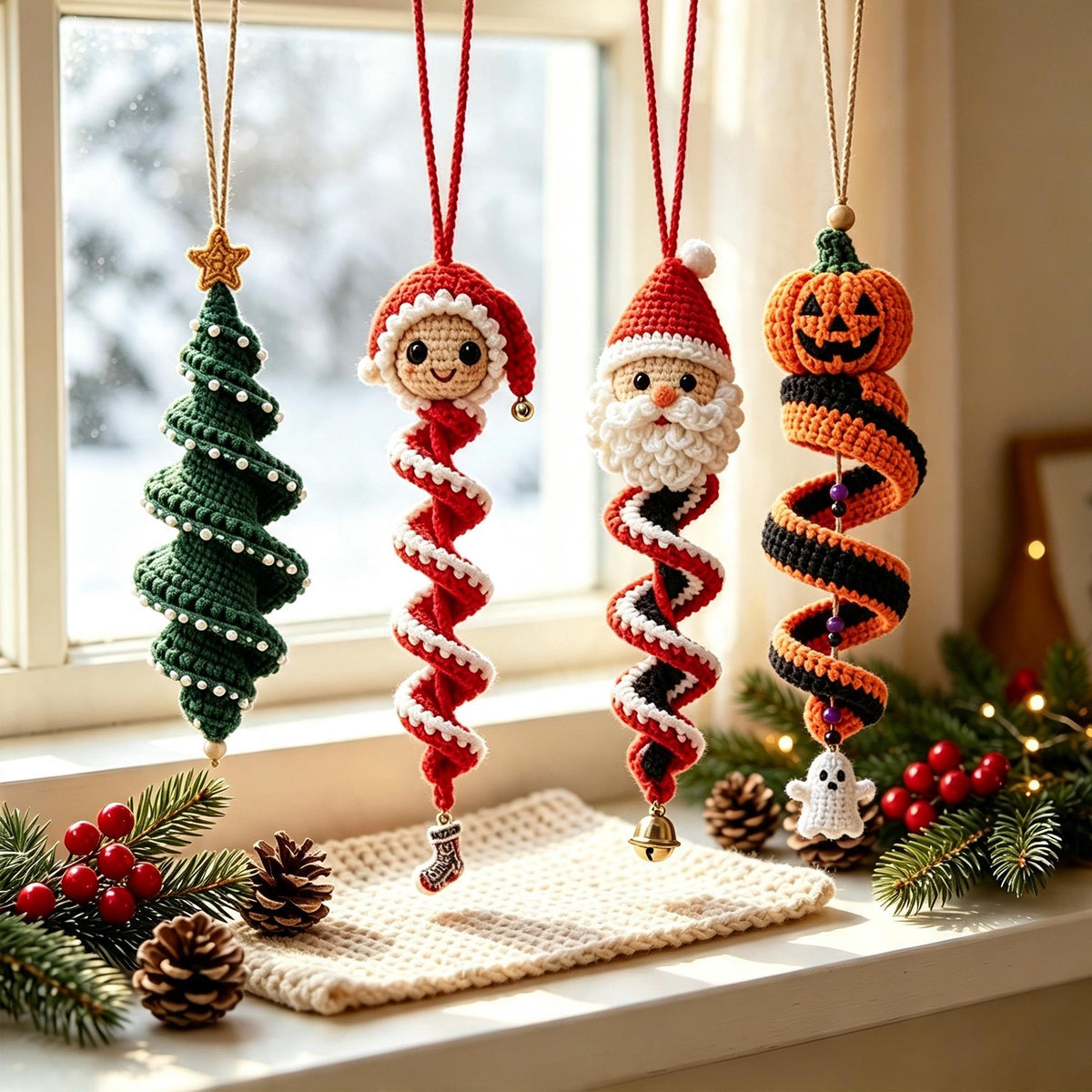 Crochet Christmas Spiral Wind Chime Ornament DIY Kit |Santa,Snowman,Xmas Tree,Elf Handmade Crochet Supplies,Beginner Friendly Craft Kit Gift