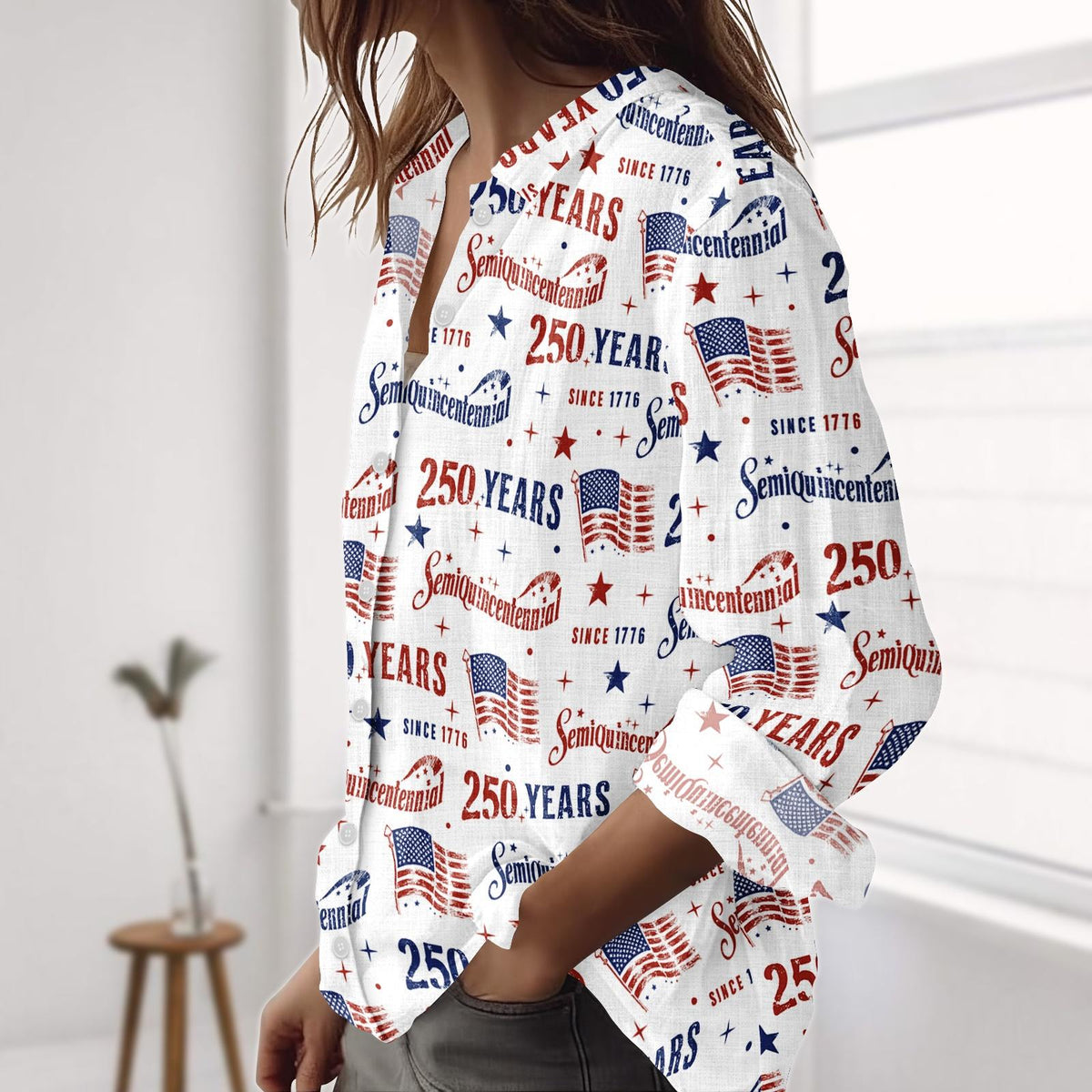USA 250th Anniversary Blouse Shirt, Semiquincentennial Linen-Look Shirt