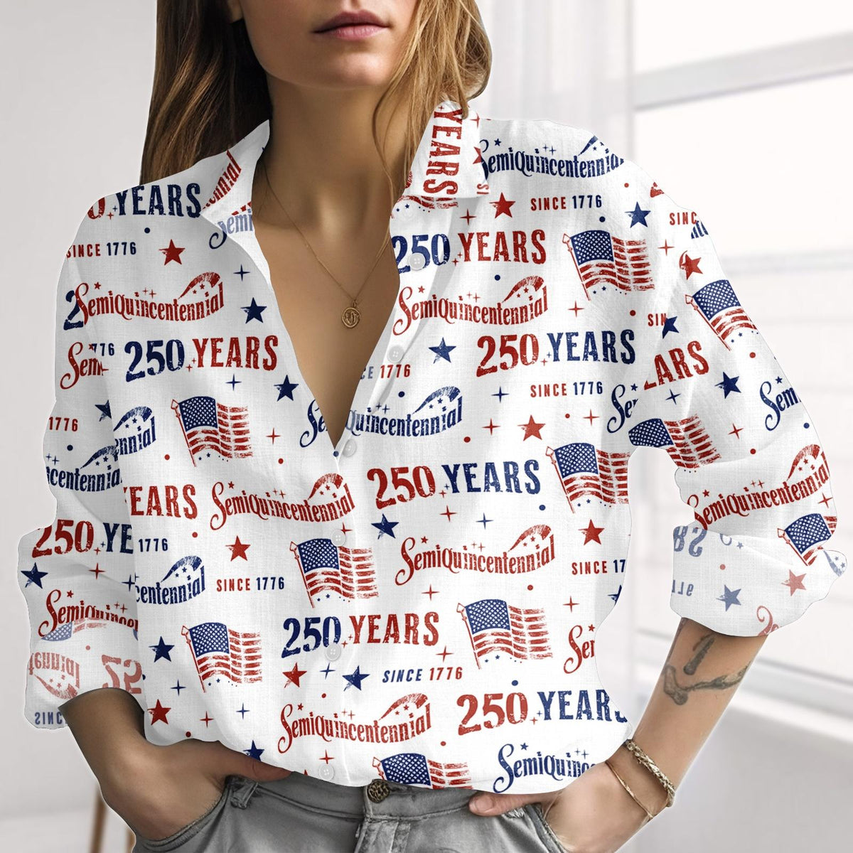 USA 250th Anniversary Blouse Shirt, Semiquincentennial Linen-Look Shirt