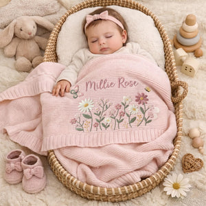 Personalized Floral Embroidered Baby Blanket - Custom Name Knitted Throw