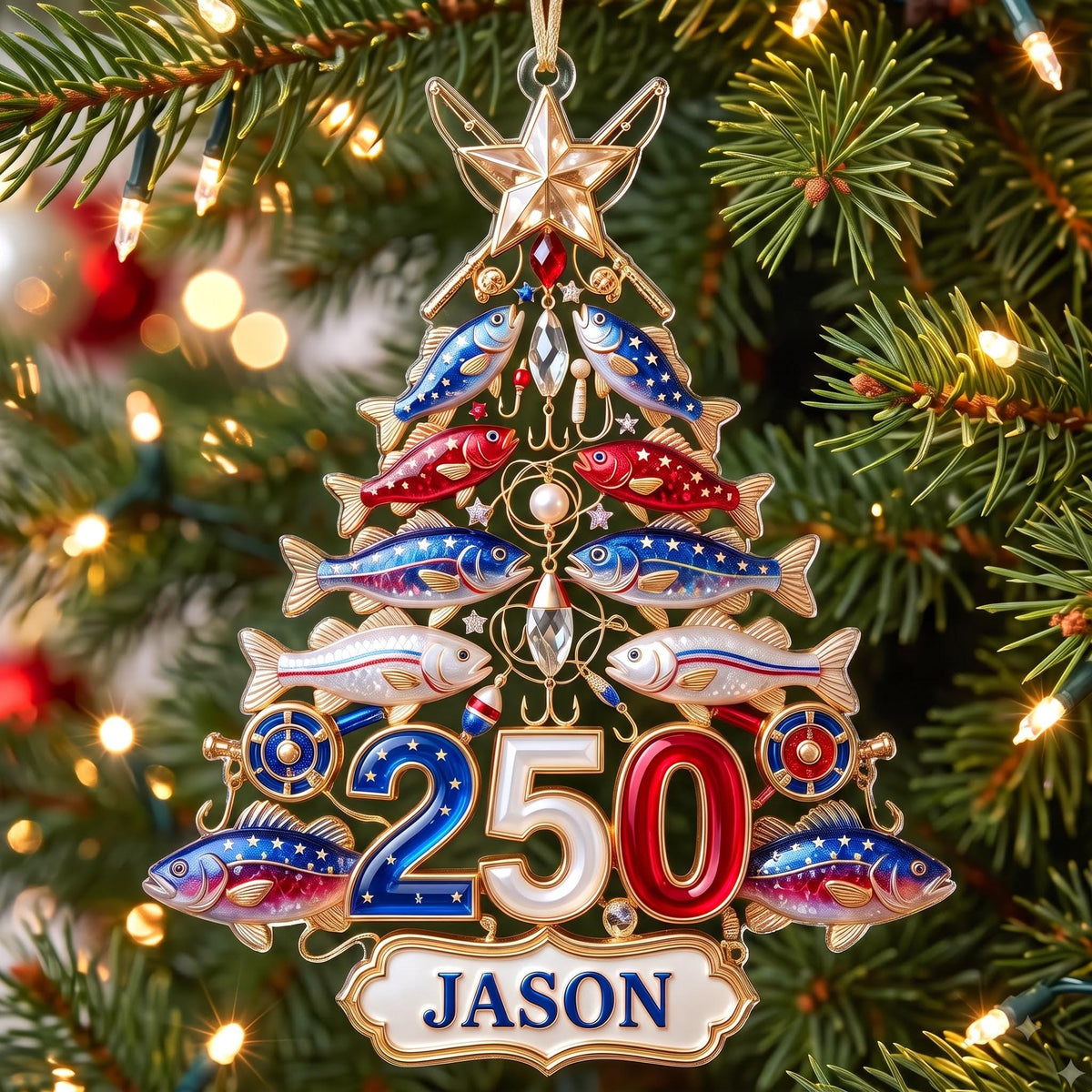 Personalized Fishing 250th USA Anniversary Christmas Ornament,Fisherman Holiday Decor