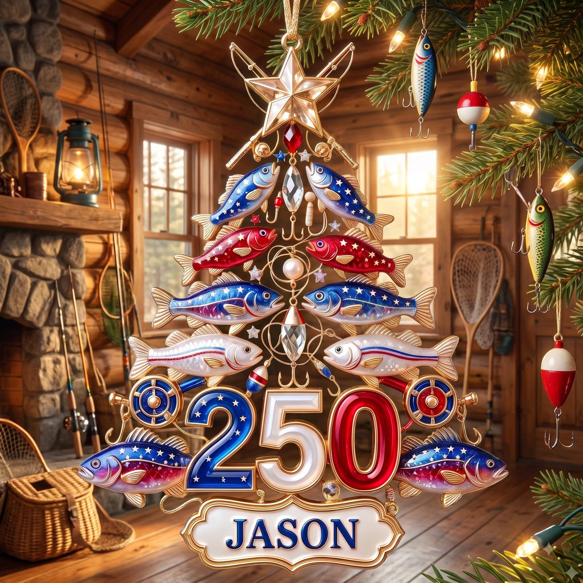 Personalized Fishing 250th USA Anniversary Christmas Ornament,Fisherman Holiday Decor