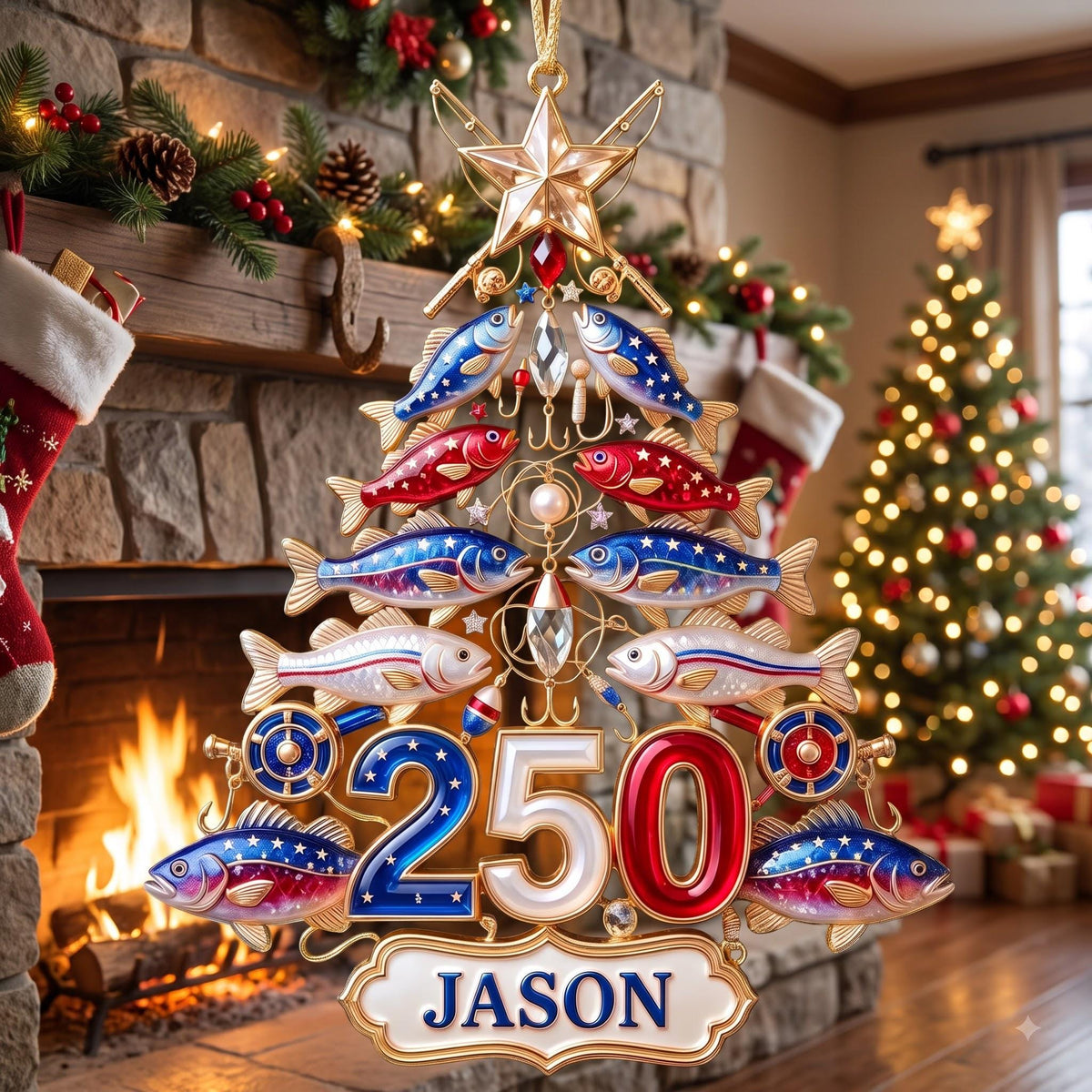 Personalized Fishing 250th USA Anniversary Christmas Ornament,Fisherman Holiday Decor