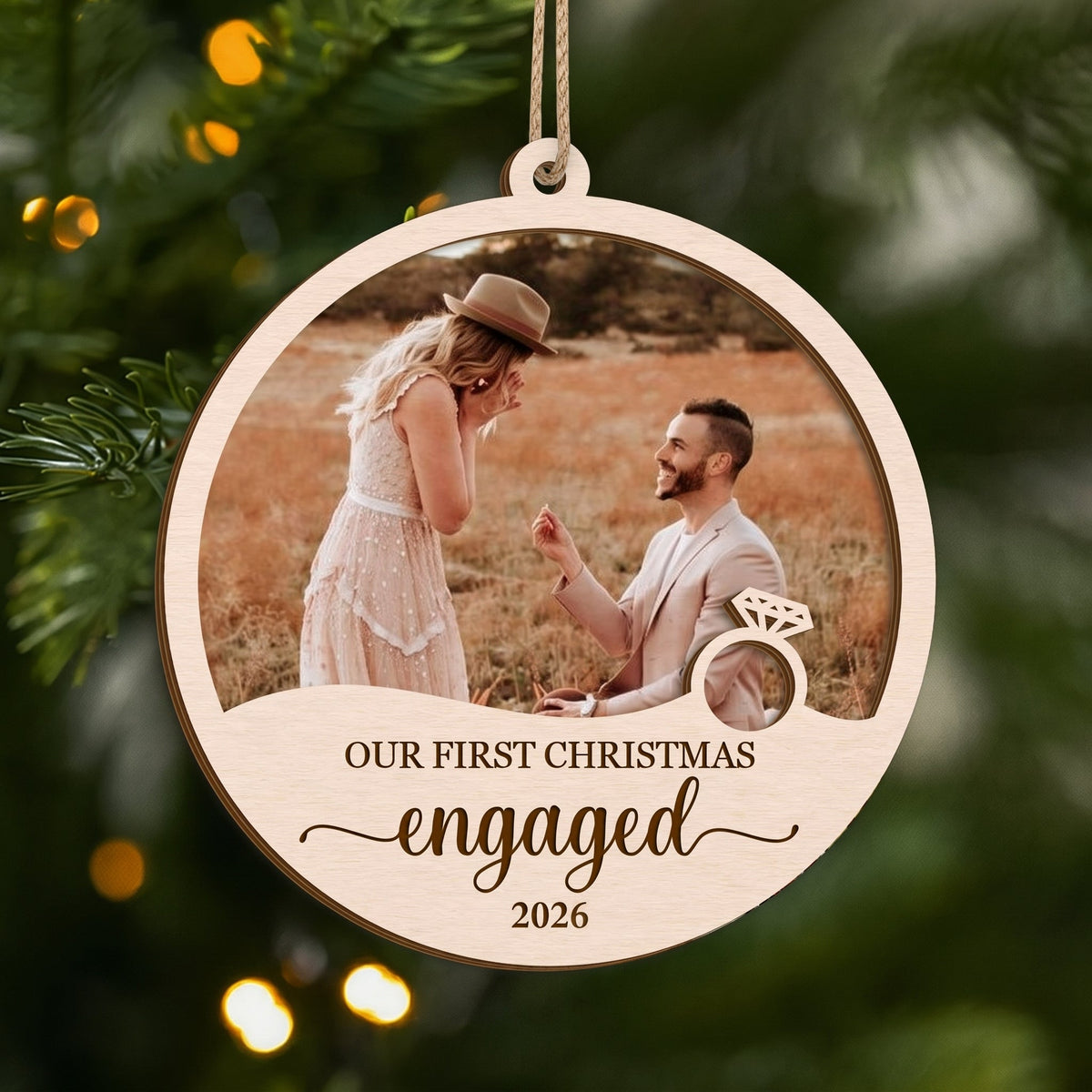 Personalized First Christmas Engaged Married 2 Layered Wooden Ornament