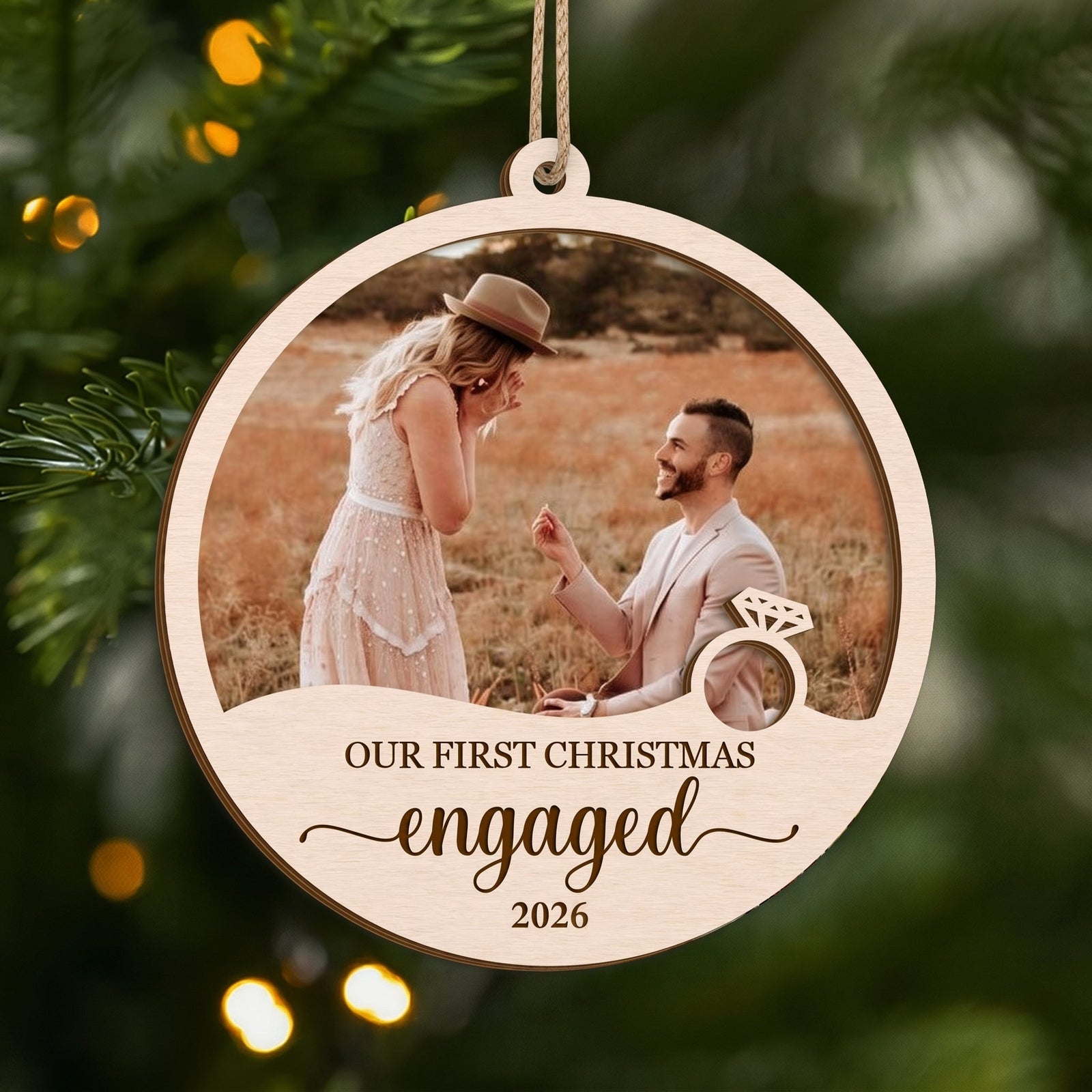 Personalized First Christmas Engaged Married 2 Layered Wooden Ornament