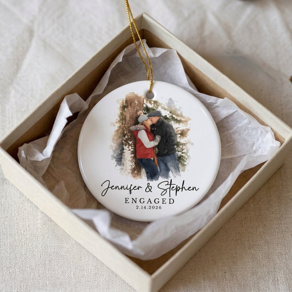 Personalized Engagement Ornament from Photo, Custom Watercolor Couple Portrait Gift for Newly Engaged Couple