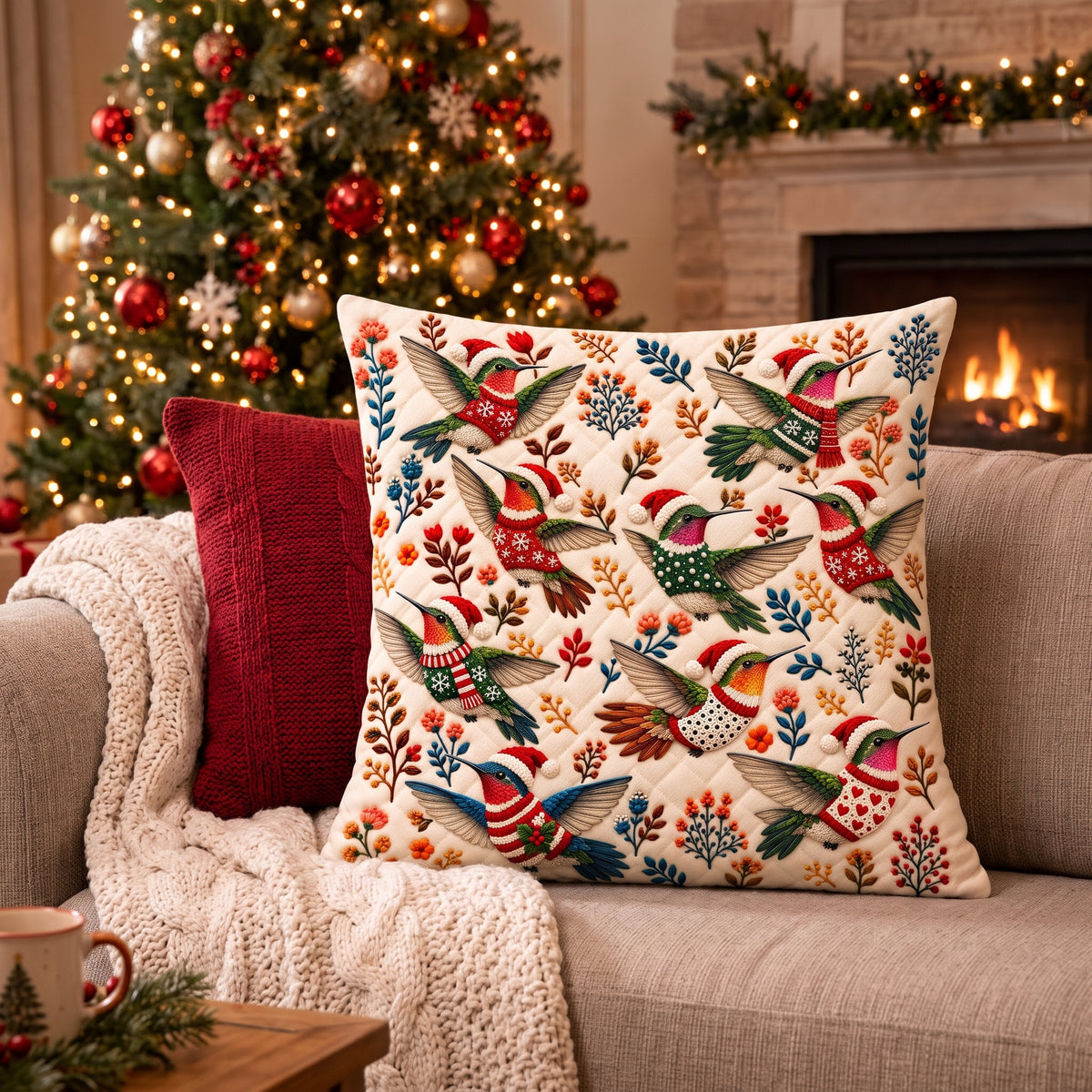 Hummingbird Christmas Pillow,Christmas Bird Decor, Hummingbird Lover Gift