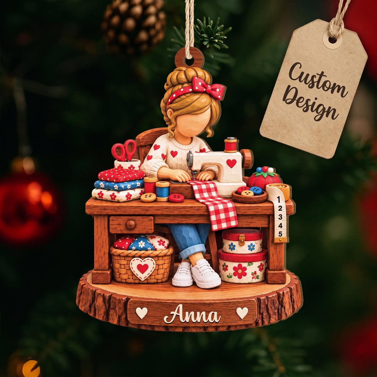 Personalized Sewing Girl Wood Ornament - Personalized Gifts for Sewing Lovers
