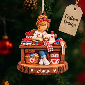 Personalized Sewing Girl Wood Ornament - Personalized Gifts for Sewing Lovers