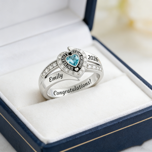 Personalized Engraved Heart Birthstone Graduation Ring Gift for Graduates