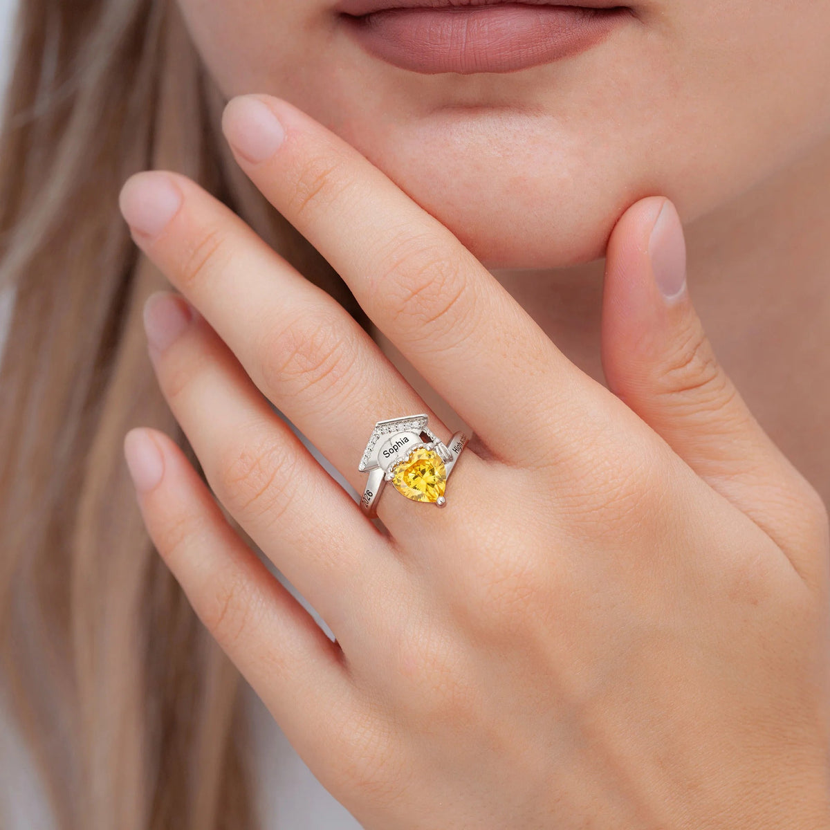 Personalized Zircon Grad Cap Heart Birthstone Ring - Dainty Jewelry Birthday Graduation Gift for Women Graduates