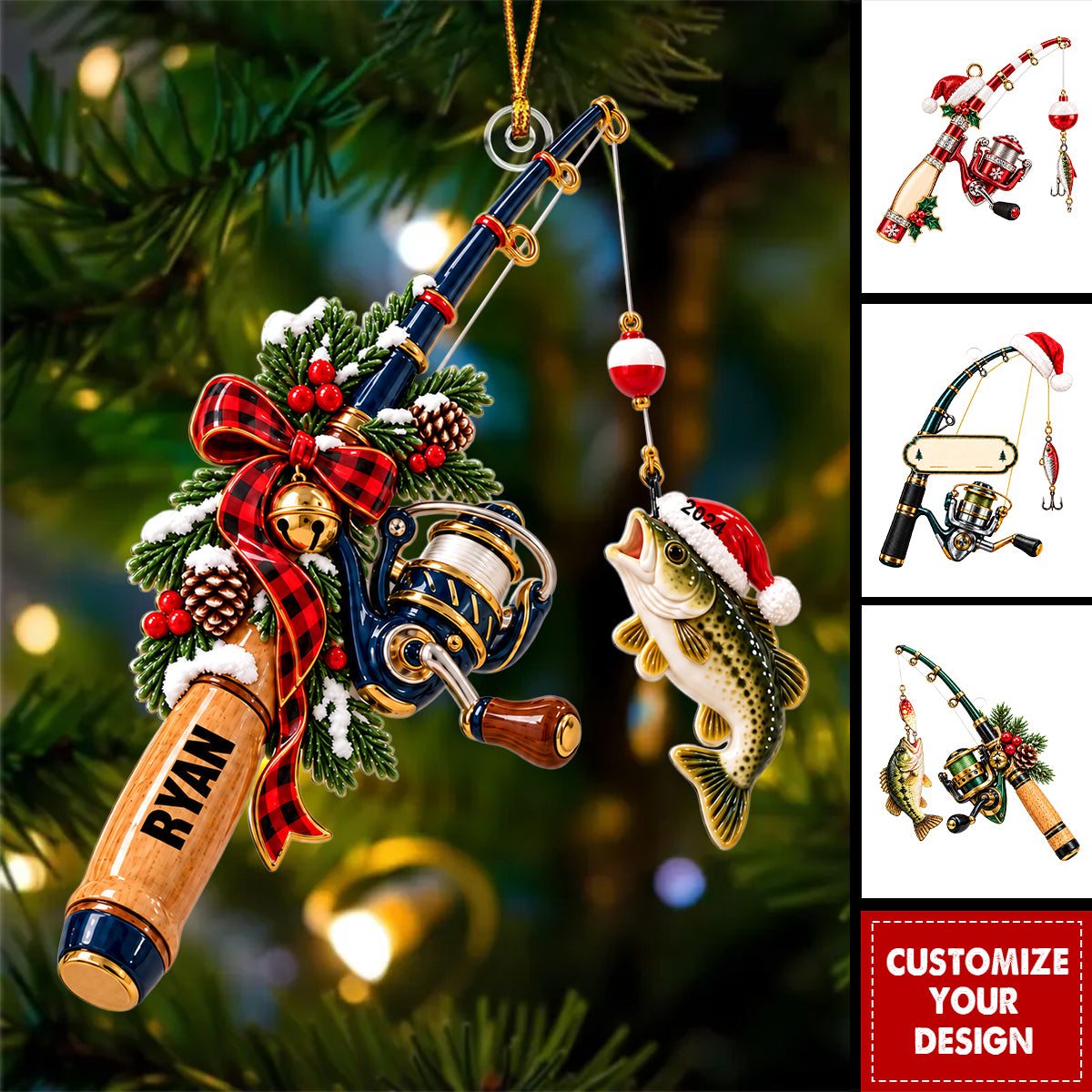 Personalized Fishing Rod Ornament, Fisherman Christmas Ornament, Fishing Pole and Fish Holiday Gift