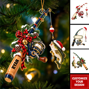 Personalized Fishing Rod Ornament, Fisherman Christmas Ornament, Fishing Pole and Fish Holiday Gift
