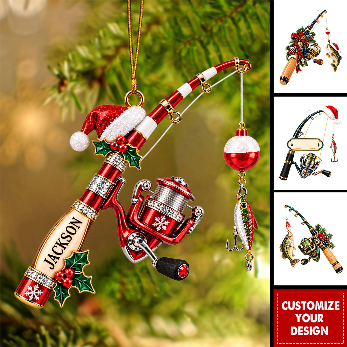 Personalized Fishing Rod Ornament, Fisherman Christmas Ornament, Fishing Pole and Fish Holiday Gift