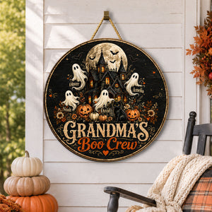 Grandma's Boo Crew Halloween Haunted House - Personalized Wooden Door Sign - Halloween Decor for Grandma