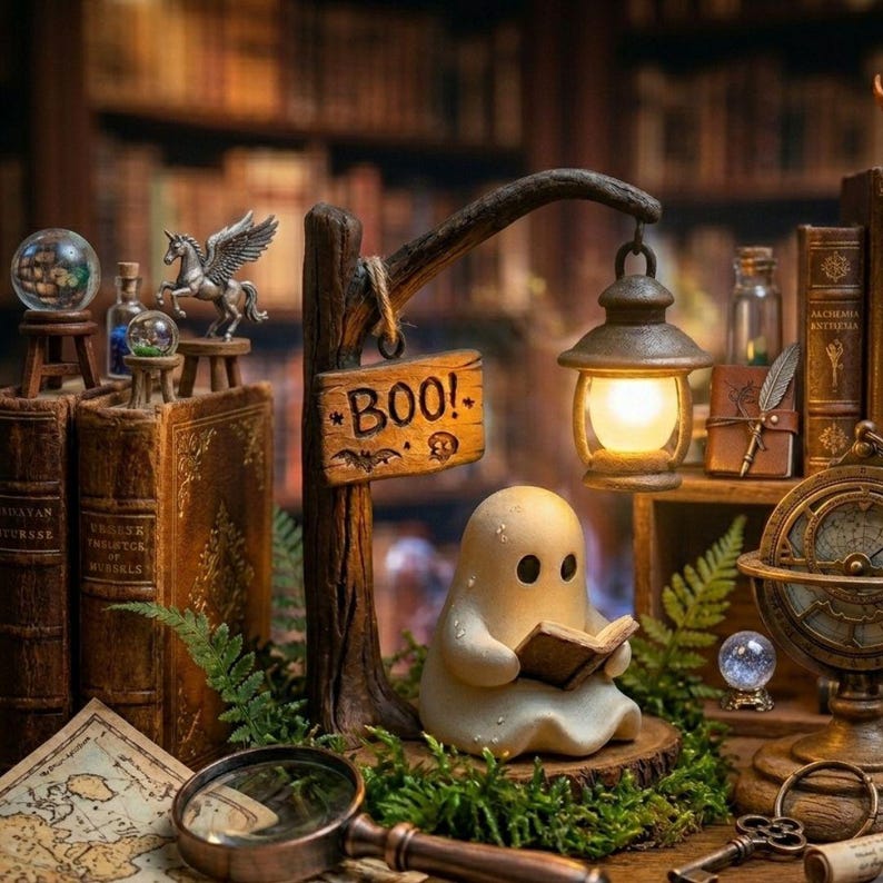 Reading Ghost Halloween Night Light - Cozy Home Desk Decor Lamp