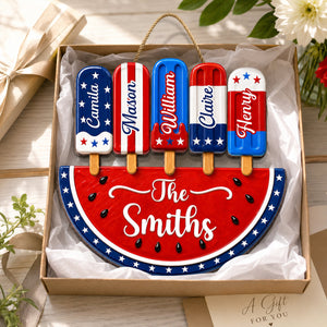 Personalized Patriotic Watermelon Wooden Sign with Popsicle Art, Creative Gift for Family Summer Decor