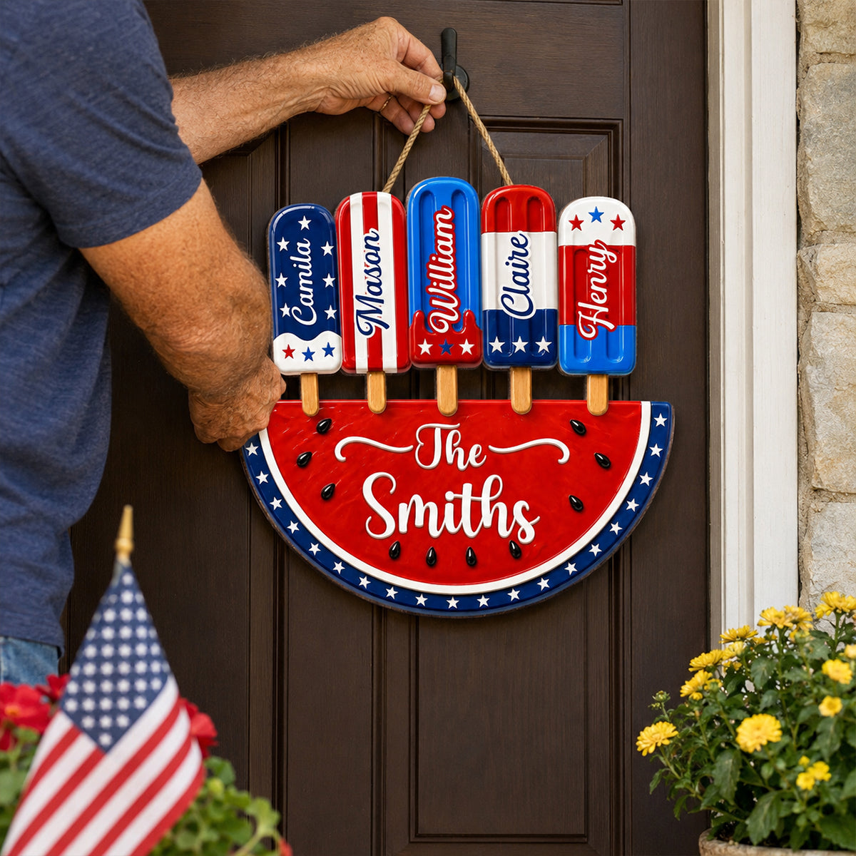 Personalized Patriotic Watermelon Wooden Sign with Popsicle Art, Creative Gift for Family Summer Decor