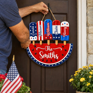 Personalized Patriotic Watermelon Wooden Sign with Popsicle Art, Creative Gift for Family Summer Decor