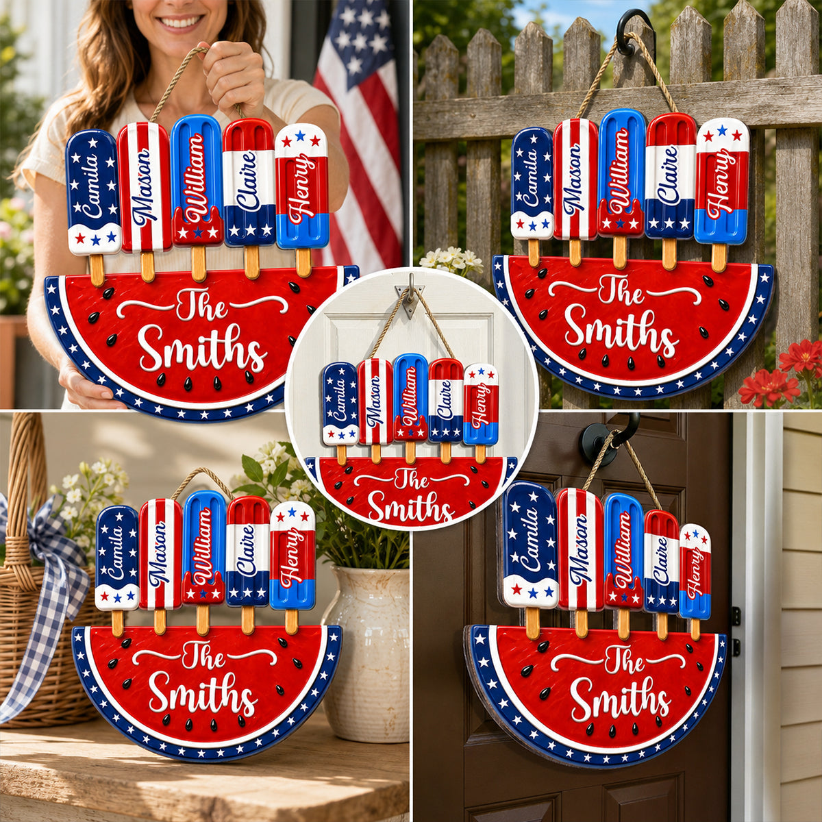 Personalized Patriotic Watermelon Wooden Sign with Popsicle Art, Creative Gift for Family Summer Decor