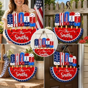 Personalized Patriotic Watermelon Wooden Sign with Popsicle Art, Creative Gift for Family Summer Decor